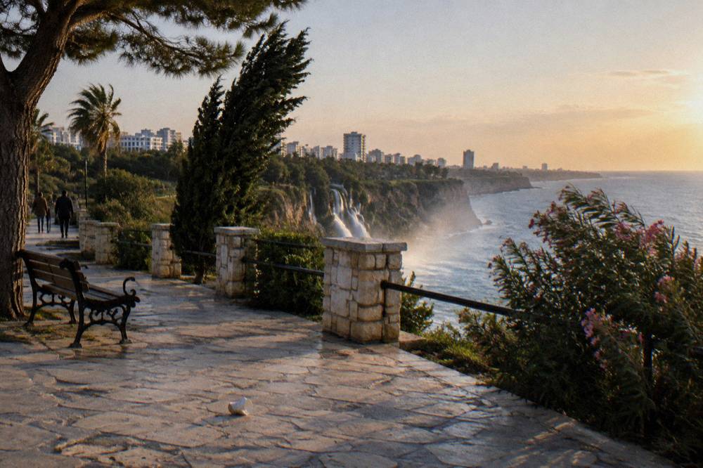 A clifftop park with a stone viewing terrace above the sea
