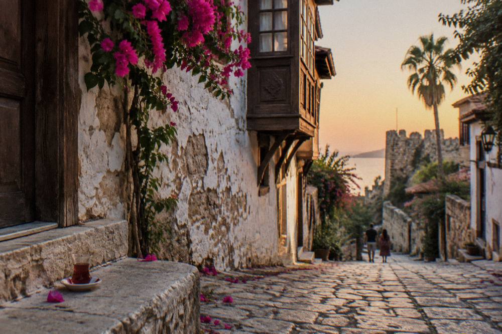 Narrow stone lane in Kaleici old town with Ottoman-era houses