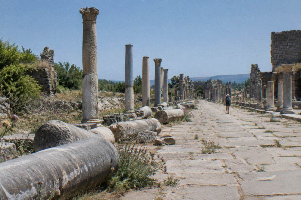 Ancient stone ruins of a Roman city site near Antalya under open sky