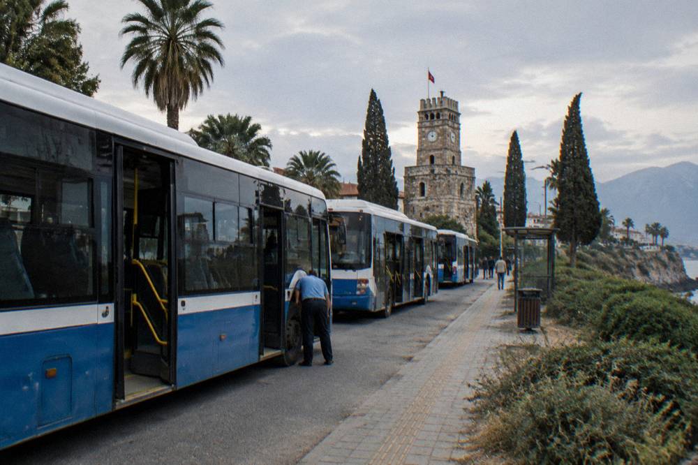 Buses parked at a transit stop near Antalya airport