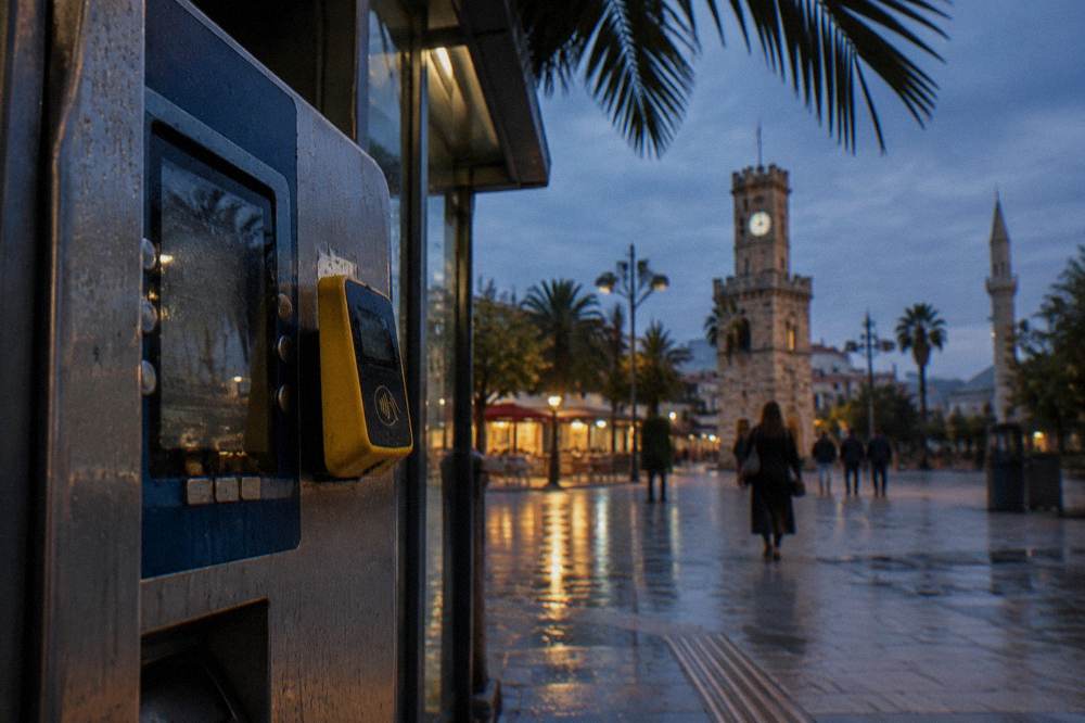 A ticket machine and card reader at a tram stop in Antalya