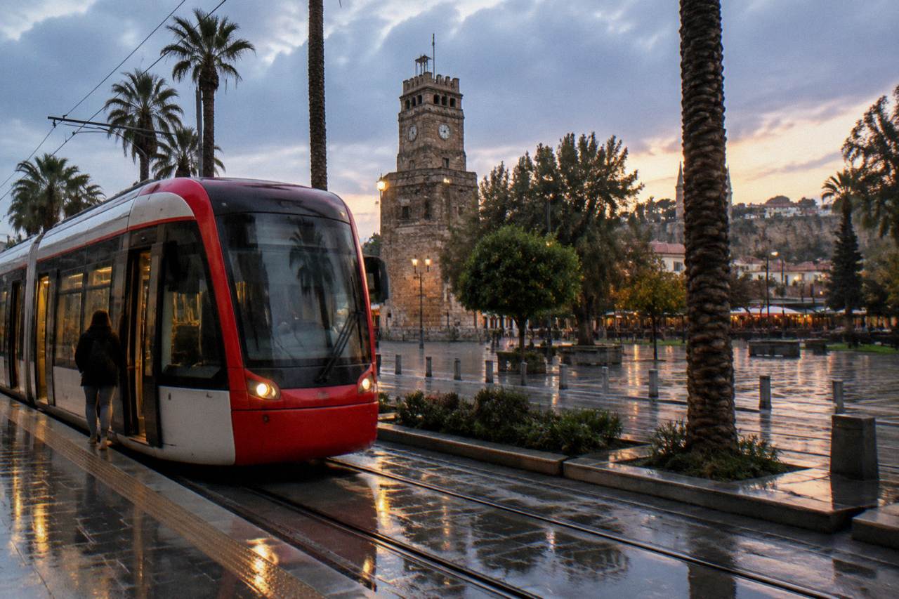 A city tram stopped at a station platform in Antalya