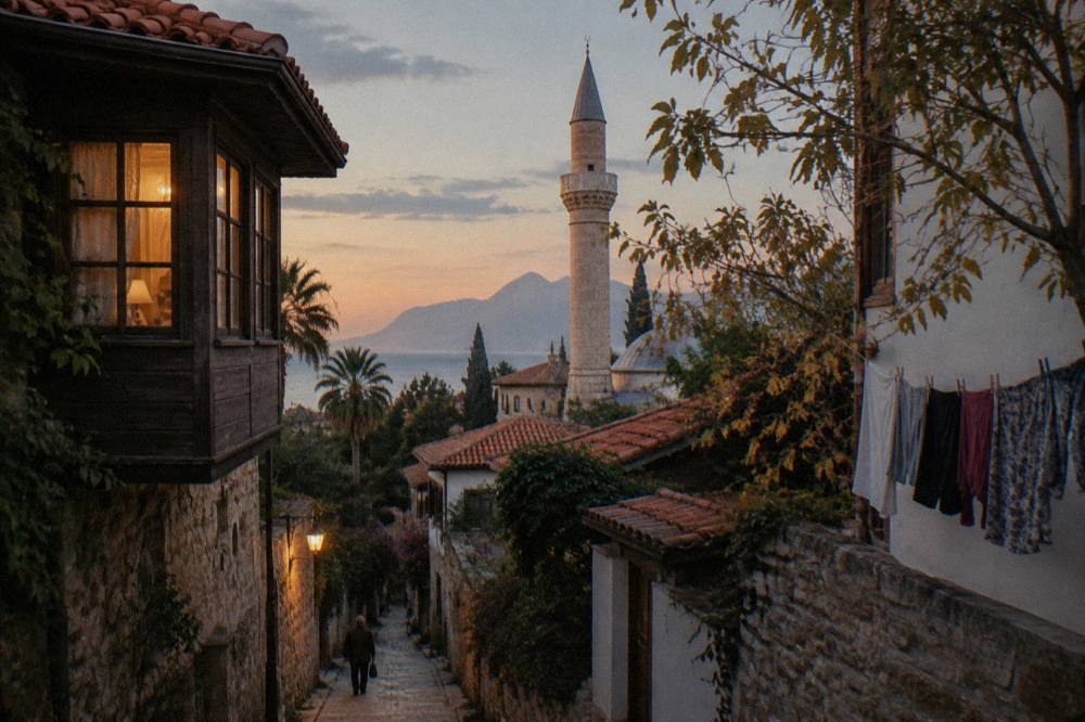 Stone-paved lane in Kaleici with Ottoman-era houses and a mosque minaret above the rooftops
