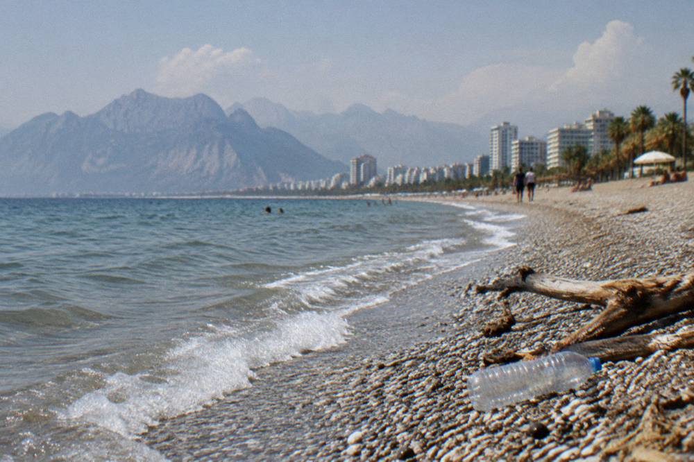 Long sandy beach along the Konyaalti coast with the city skyline behind it