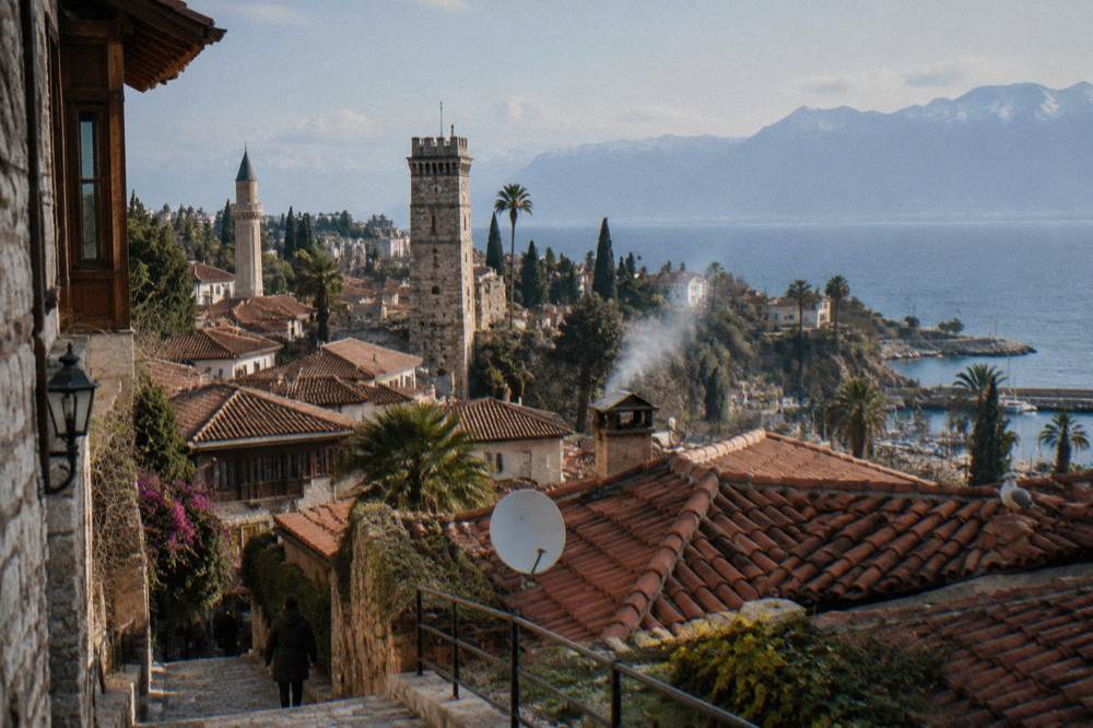 Stone tower and rooftops of the Kaleici old town in Antalya