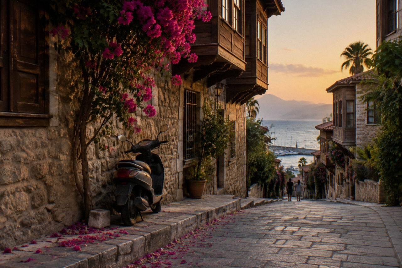 Narrow old town street with stone houses and wooden balconies in Antalya