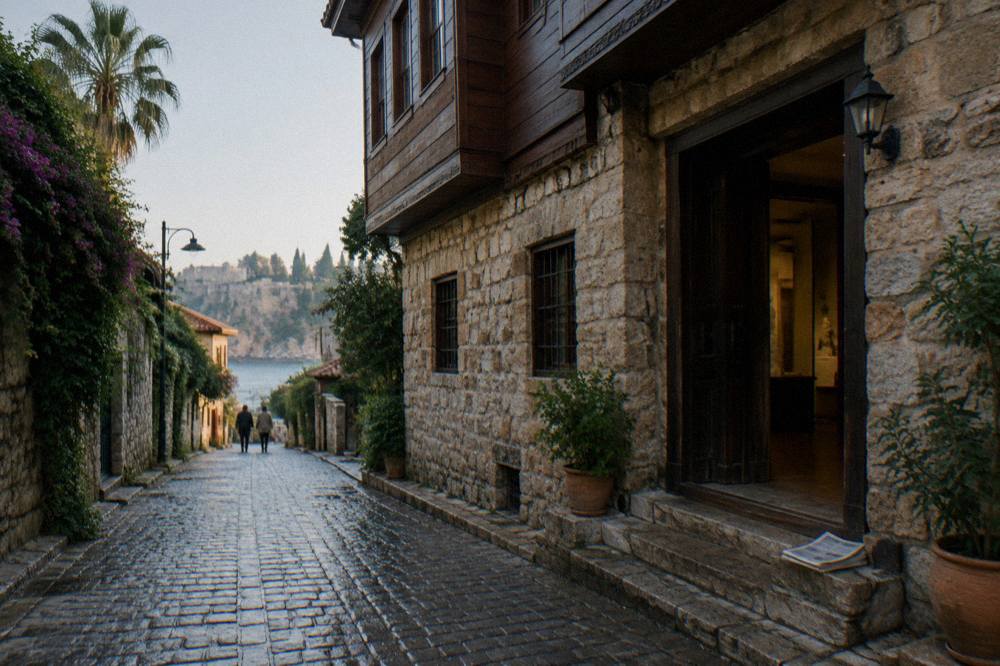 Stone museum building in a narrow Kaleici street with wooden upper floors