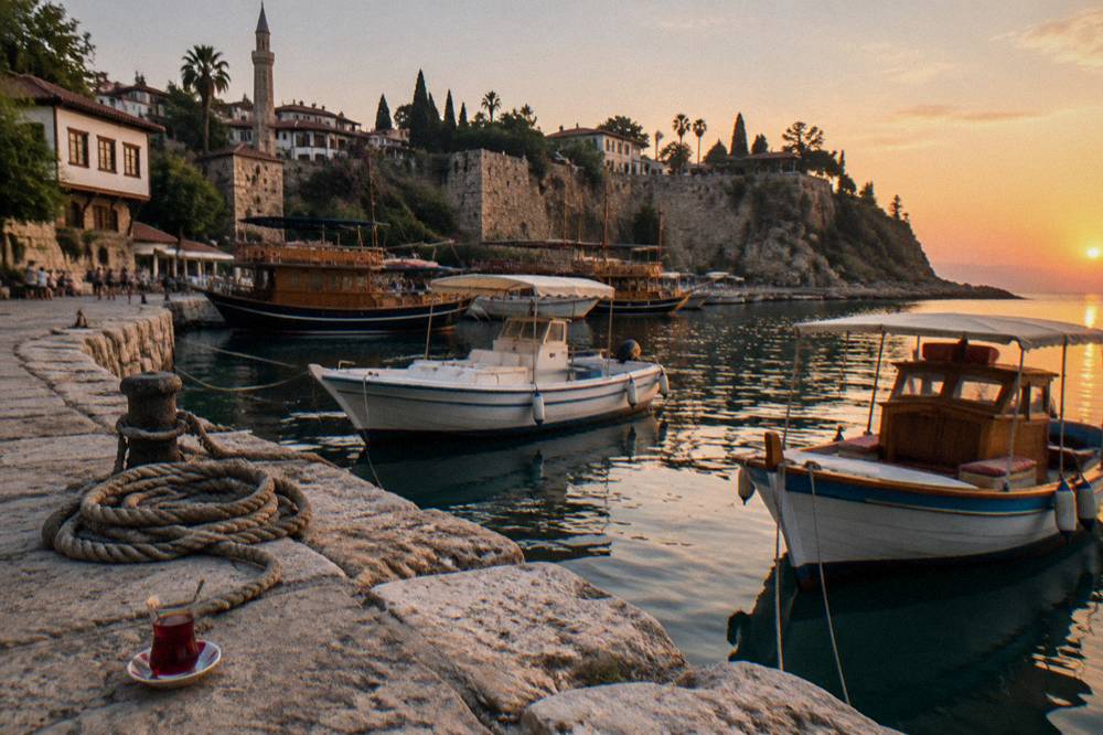 Boats moored along the old harbour edge in Kaleici with the stone quay in view