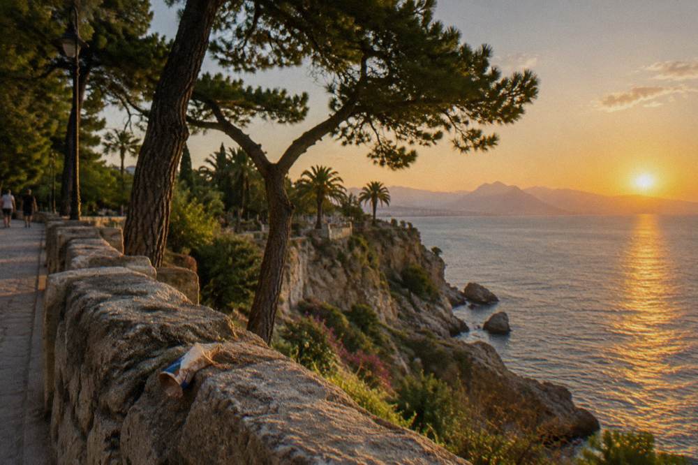 A stone cliff edge with pine trees and open sea beyond a park path