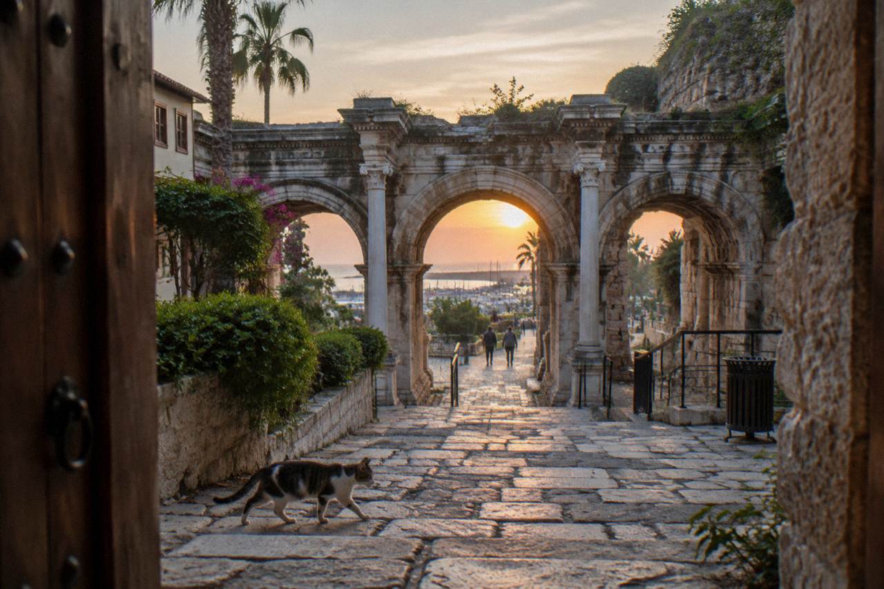 Hadrian's Gate stone archway standing over a street at the edge of Kaleici old town