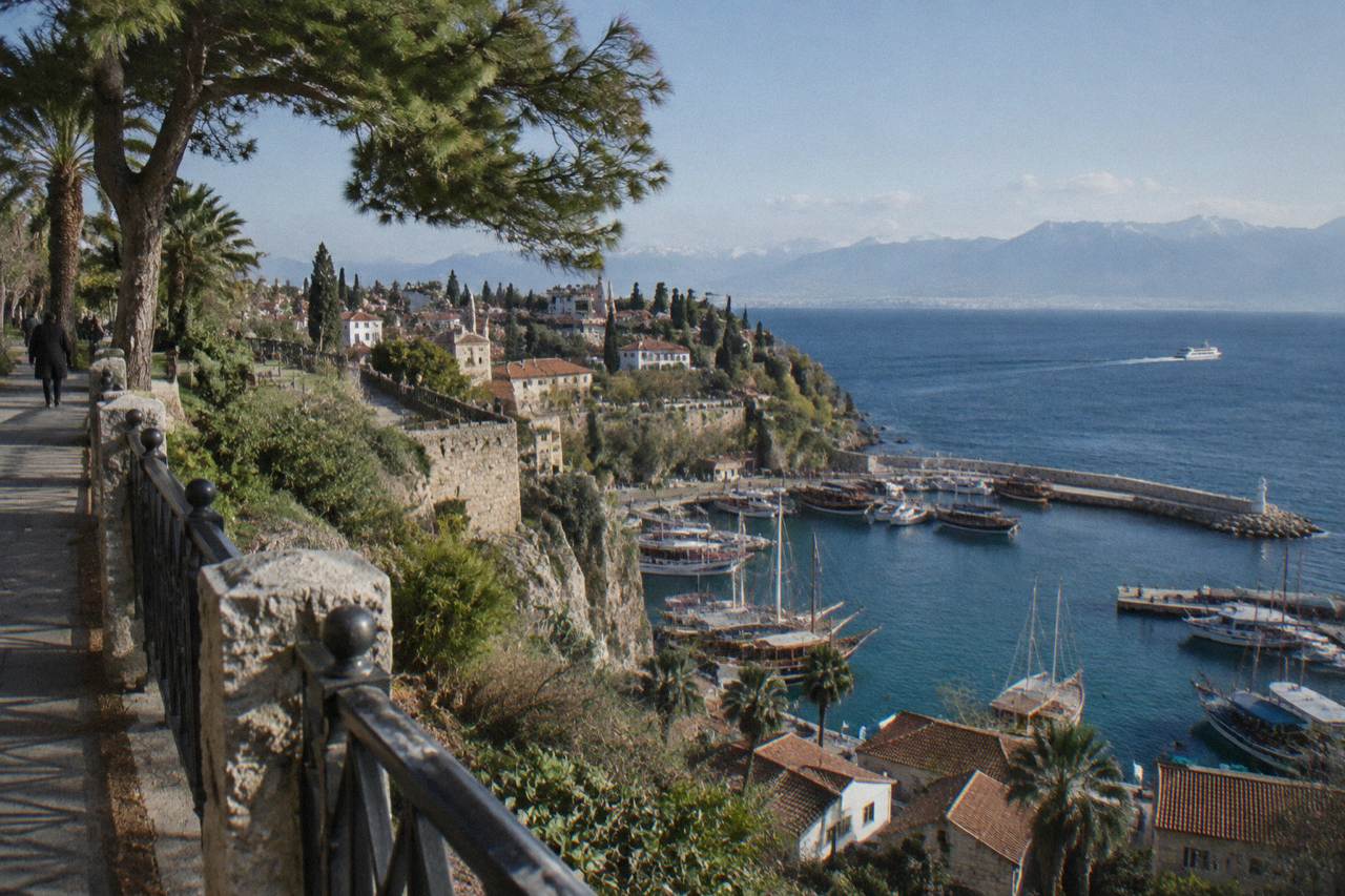 The Antalya coastline with the old town harbour and cliffs