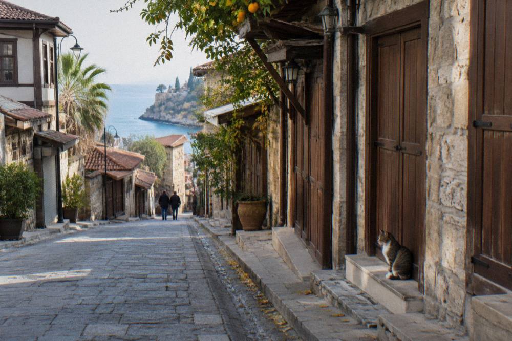 Shopfronts along a stone lane in the Kaleici old town bazaar