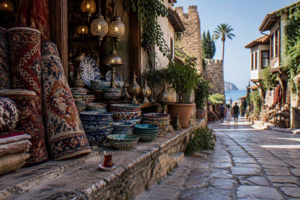 Textiles and goods displayed outside a shop in a covered bazaar lane