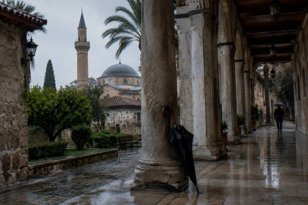 Covered stone arcade in the Kaleici old town near the mosque courtyard