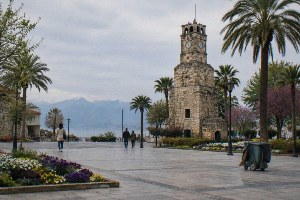 Public square in Antalya with the clock tower at its edge
