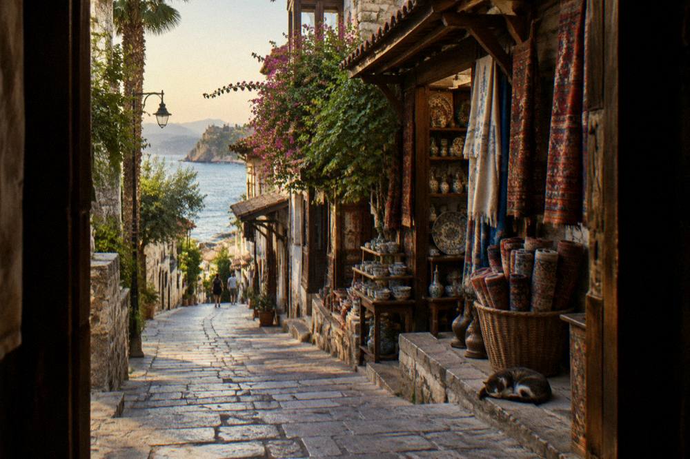 Narrow bazaar lane in Kaleici with shopfronts along the old town street