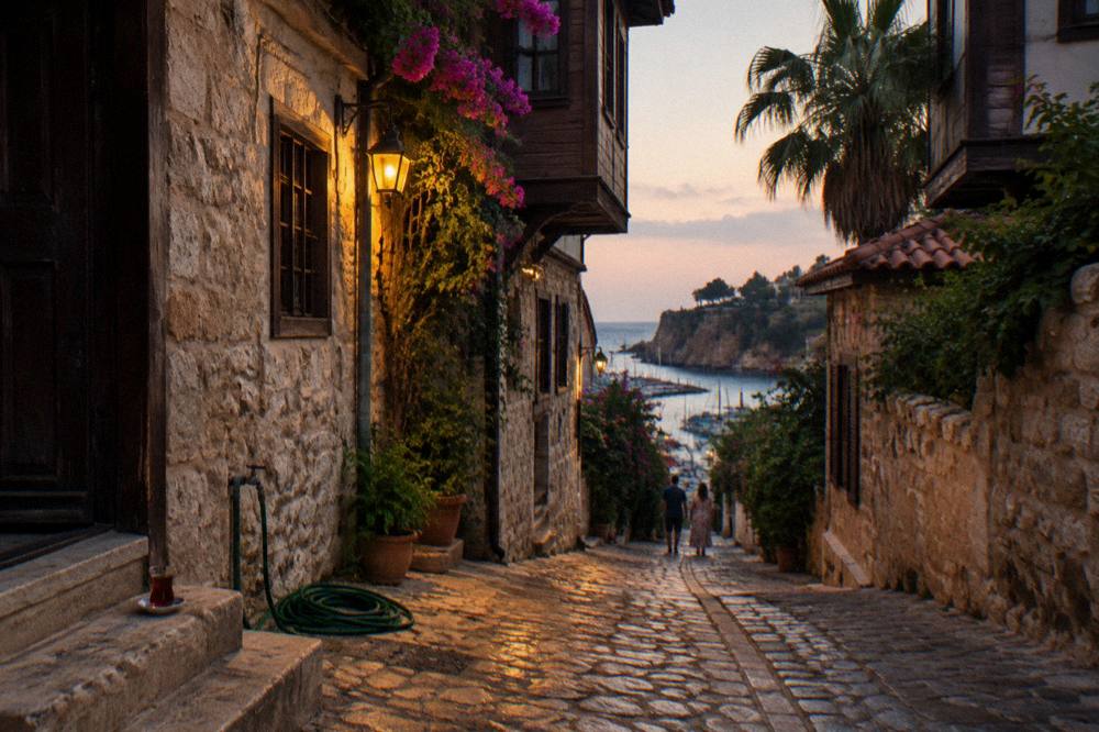 Narrow old town lanes with stone walls and wooden upper floors in Antalya