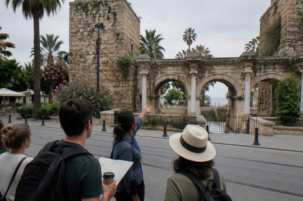 Guide speaking to a group at an old town stone gateway