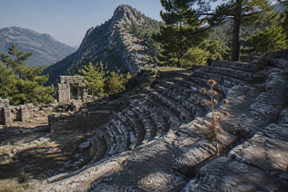 Rows of stone theatre seats at an ancient site near Antalya