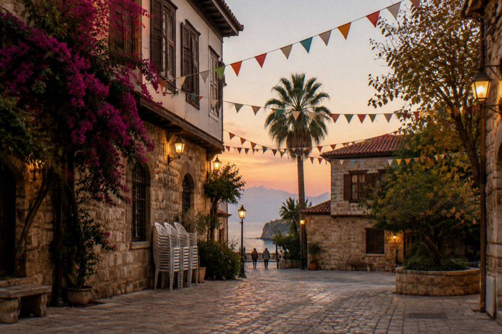 Festival bunting strung across an old town square in Antalya