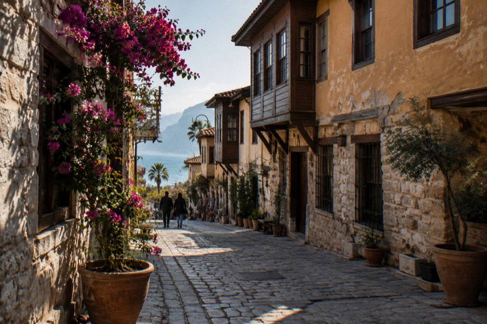 Stone houses along a quiet Kaleici street in Antalya