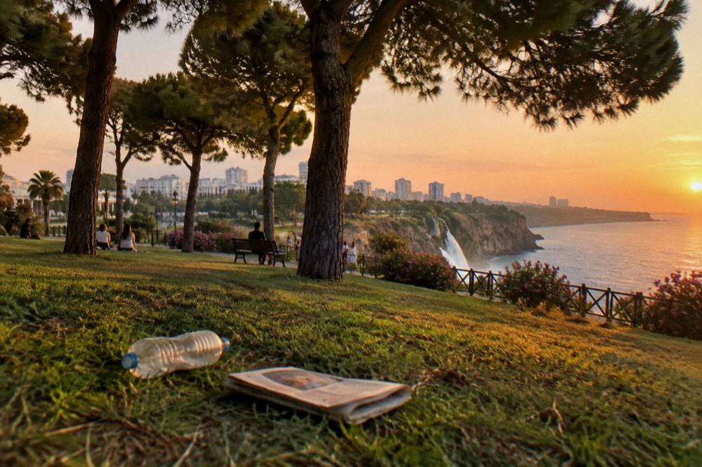 A park lawn and pine trees at the top of a sea cliff in evening light