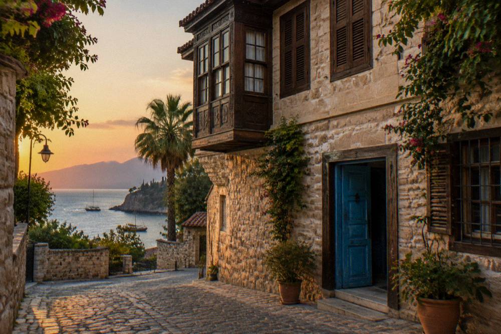 A historic stone building facade in an old town quarter with wooden shutters