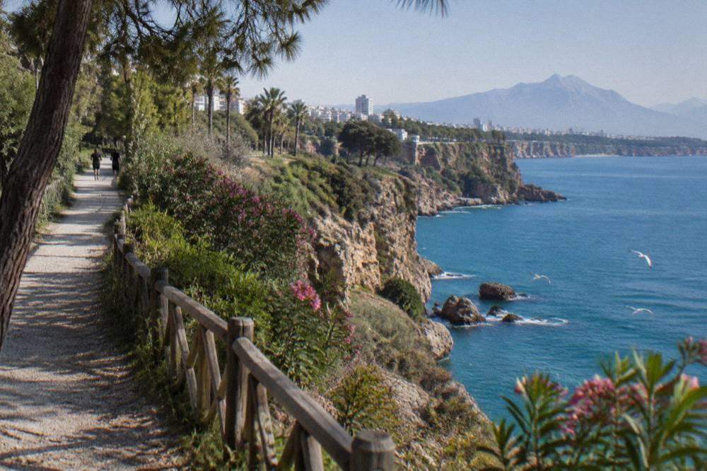 A clifftop park path above the sea in Antalya